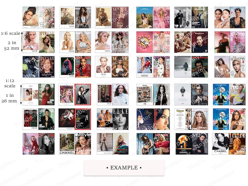 PRINTABLE Dollhouse Fashion Magazine Covers / Celebrity issue / 1:6 1.12 scale PDF / Miniature Diorama Scrapbooking / Download digital prints - example - vogue, elle, equire, vanity fair,cosmopolitan, billboard
