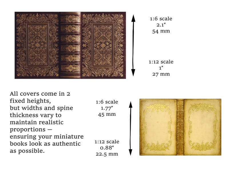 Vintage&Antique Book Covers | PRINTABLE 1:6 and 1/12 scale | Miniature Books for Dollhouse Library or Bookstore Diorama | Scrapbook Ephemera - measurements