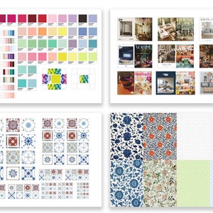 Interior Design Set | PRINTABLE  Decor 1:6 and 1/12 scale PDF | Miniature Palette Fan | Dollhouse Renovation | Tile and Wallpaper Samples - example