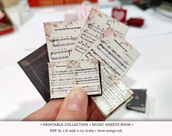 Music Sheets Book • PRINTABLE Famous Love Songs • 1/6 and 1/12 scale PDF Piano Sheets • Miniature Dollhouse • Diorama Roombox
