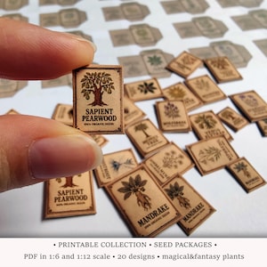May include: A collection of 20 printable seed packet designs featuring magical and fantasy plants. The packets are illustrated with whimsical drawings of plants and feature names like "Sapient Pearwood" and "Mandrake".