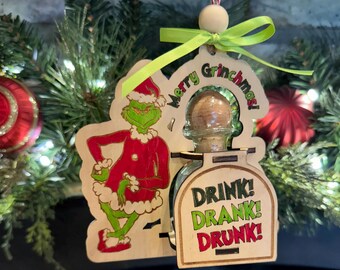 Merry Grinchmas Ornament Holds Patron Tequila 50ml Bottle