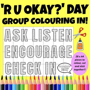以下が含まれることがあります： 黄色い背景に黒い文字で「'R U OKAY?' DAY GROUP COLORING IN! ASK LISTEN ENCOURAGE CHECK IN」と書かれた、印刷可能な塗り絵ページ。単語は、色を塗ることができるパズルピースで構成されています。色を塗ったり、切り抜いたり、貼り合わせたりできるA4サイズのピースが28個あります。画像には、はさみ、のり、色鉛筆も含まれています。