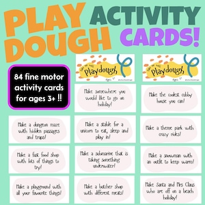 May include: A set of 84 play dough activity cards for ages 3 and up. The cards are pink with white text and feature different play dough activity ideas, such as making a dungeon maze, a fast food shop, a stable for a unicorn, a submarine, a playground, a butcher shop, a snowman, a theme park, a cubby house, and a beach holiday.
