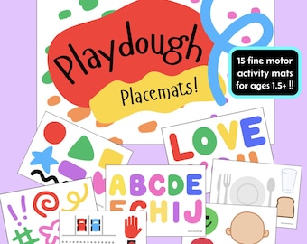 May include: A set of 15 colorful playdough placemats featuring various themes, including letters, numbers, shapes, and everyday objects. The placemats are designed for children ages 1.5 and up.