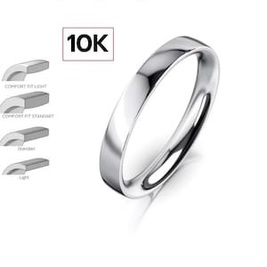 10k 3mm White Gold Wedding Band, Classic FLAT, POLISHED, 10k Solid White Gold Wedding Band for Men and Women, 3mm Simple Plain Band Ring