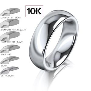 10k 7mm White Gold Wedding Band, Classic DOME, POLISHED, 10k Solid White Gold Wedding Band for Men and Women • 7mm Simple Plain Band Ring
