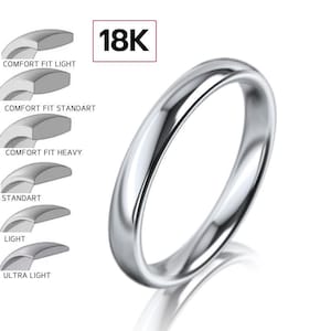 18k 3mm White Gold Wedding Band, Classic DOME, POLISHED, 18k Solid White Gold Wedding Band for Men and Women • 3mm Simple Plain Band Ring