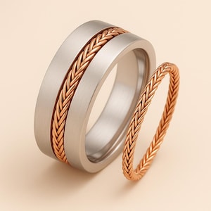 Set Platinum 950 Two Color Wedding Band Ring. 14k . Handmade Bands.  Unique Wedding Band. Unisex ring. Gold 6mm band, Design Wedding band