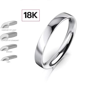 18k 3mm White Gold Wedding Band, Classic FLAT, POLISHED, 18k Solid White Gold Wedding Band for Men and Women • 3mm Simple Plain Band Ring