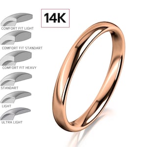 14k 2 mm ローズゴールド結婚指輪、ドーム、ポリッシュ仕上げ、14k クラシックソリッドローズゴールド結婚指輪、男女兼用 • 2 mm 薄型シンプルプレーンバンド