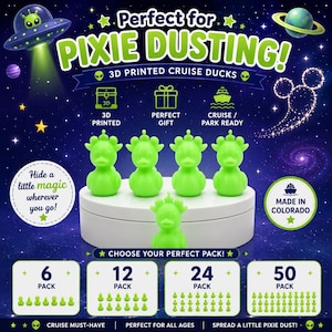 May include: Five bright lime green 3D printed ducks with crown-like head details arranged on a white circular display. The background features space-themed graphics, text including PIXIE DUSTING, and various pack size options ranging from 6 to 50 units.