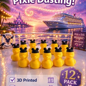May include: A dozen yellow duck figurines with black hats, arranged in front of a cruise ship and a castle. The image includes text that says "Perfect for Pixie Dusting!" and "12 PACK".