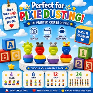 May include: Four 3D printed plastic ducks featuring colourful character-themed hats and outfits, displayed on a white circular stand. The image includes text such as Perfect for PIXIE DUSTING, 3D PRINTED CRUISE DUCKS, and options for 4, 8, 12, or 24 packs, alongside alphabet and number blocks.