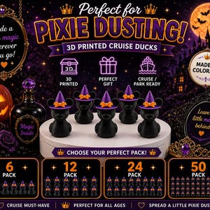 May include: A collection of 3D printed black ducks wearing purple witch hats with orange bows. The image features text including 'Perfect for PIXIE DUSTING!', '3D PRINTED CRUISE DUCKS', and pack options ranging from 6 to 50 units for cruise travelers.