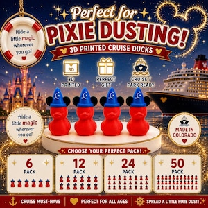 May include: Four red 3D printed ducks wearing blue wizard hats with white moon and star details and black mouse ears. The image includes text such as Perfect for PIXIE DUSTING, 3D PRINTED CRUISE DUCKS, and options for 6, 12, 24, or 50 packs.