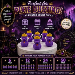 May include: A set of 3D printed purple rubber ducks with gold crowns and white collars, displayed on a white circular stand. The image features text including 'PERFECT FOR PIXIE DUSTING!', '3D PRINTED CRUISE DUCKS', and 'MADE IN COLORADO'.