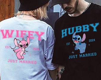 Shirt vrouw en echtgenoot, aangepaste steek en Angel Just Married Couple Shirt, man en vrouw shirts cadeau, shirt bruiloft, shirt huwelijksreis