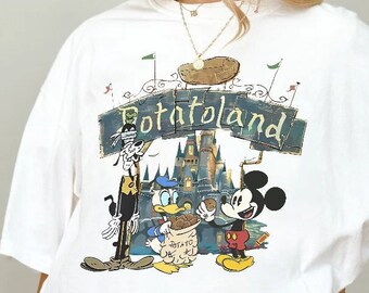 Vintage Mickey y sus amigos Disney Potatoland Camisa, Mickey Mouse Donald Goofy Disney Castle Bienvenido a Potatoland camisa, WDW Disneyland Trip