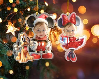 Personalized Mickey Minne Kid Photo Ornament, Custom Face Ornament, Kids Name Christmas Ornaments