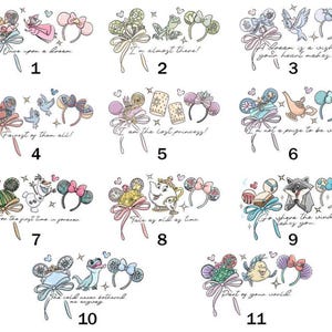 May include: Eleven illustrations of character-themed mouse ear headbands, each with a unique design and text. The designs include bows and decorative elements, with phrases such as "Once upon a dream" and "I'm almost there!"