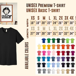 May include: A black unisex t-shirt with a crew neck is shown. The image also displays a framed illustration with a monkey graphic and the text "CRAZY MUNKEY". Size and colour options are listed, including a wide range of colours.