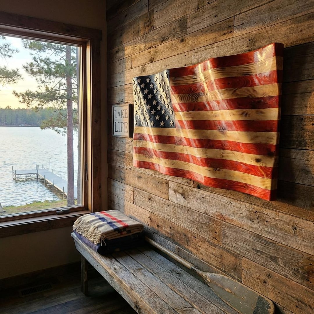 Hand-carved Wavy Wooden American Flag | Deep-wave Raised Stars 48 36 - Etsy