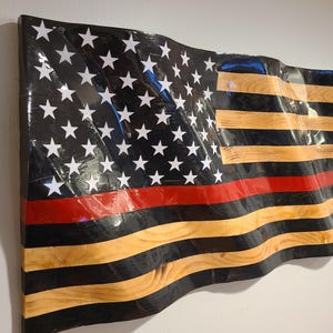 Thin Red Line Wood Flag, Wood Flag, Wavy Wood Firefighter Flag, Fireman Gift, Fireman Retirement Gift, Red Line Firefighter Flag, Wavy Wood