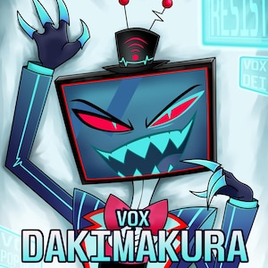 Könnte beinhalten: Illustration eines Charakters mit einem Fernsehbildschirm als Kopf, mit roten Augen und einem bedrohlichen Grinsen. Die Figur trägt einen schwarzen Zylinder mit einem WLAN-Symbol und der Text "VOX DAKIMAKURA" wird angezeigt.