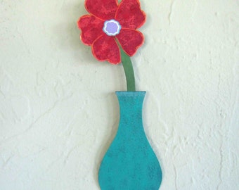 Flower Art Metal Wall Flower Sculpture Red Orange Teal Narrow Space upcycled Metal Floral Art Kitchen Bathroom Wall Art 3 x 9 READY TO SHIP