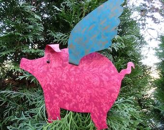 FLYING PIG Christmas tree topper  metal art when pigs fly coral magenta coral turquoise  9 x 11 Ready to ship