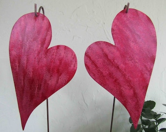 Valentine Gift Red Hearts Garden Art Stakes Yard Decor Original Recycled Metal Modern Art Wedding Anniversary 5" x 8" READY TO SHIP