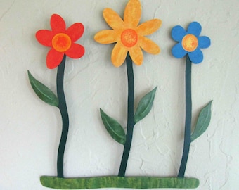 Whimsical Flower Garden metal wall sculpture Happy flowers indoor outdoor handmade usa boho 14 x 14