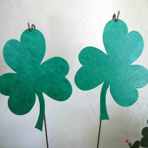 Shamrock art upcycled metal two garden stakes patio flower pot art 7 x 7 READY to SHIP