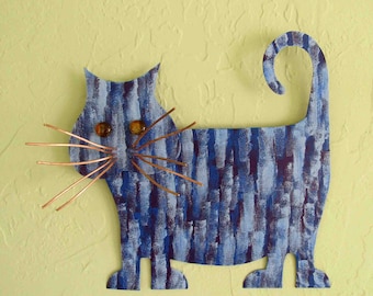 CAT LOVERS ART Wall Sculpture Recycled Metal Kitty Wall Decor Blue Purple Fat Tabby Whimsical Cat Indoor Outdoor Wall Art Cat Lover 13 x 13