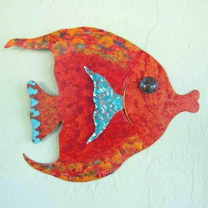 Tropical fish art metal wall decor ocean sculpture red orange upcycled metal angel fish bathroom beach house coastal sun fish wall art
