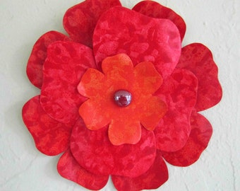 Flower Art Metal Mom Gift Wall Art Hibiscus Recycled Metal Kitchen Wall Art Red Orange  Original Wall Flower 8" x 8" READY TO SHIP