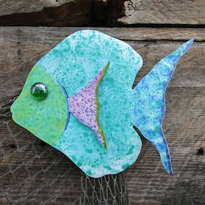 FISH ART metal wall sculpture Island beach house coastal colorful wall art turquoise pink fish sea life bathroom Art 7 x 7 Ready to Ship