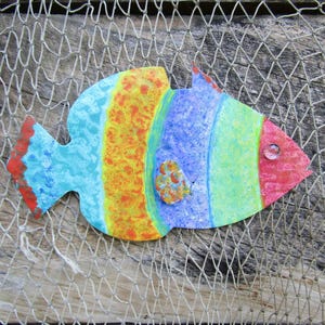 Fish art metal wall sculpture tropical fish Coastal wall art upcycled metal art turquoise aqua blue Hawaii   6 x 11 Ready to ship