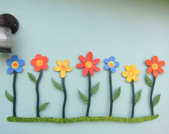 Flower Art Large Metal Wall Sculpture Happy Flowers Upcycled Metal Handmade Outdoor  Flower Garden Deck Entry Way  14 x 33 READY TO SHIP