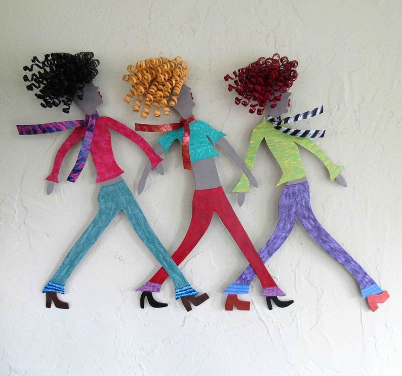 THREE LADIES Metal Wall Art Sculpture Whimsical Recycled Metal Wall Hanging Friends Sisters Blonde Brunette Redhead Walking Blvd 19 x 27 image 1