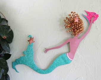 MERMAID ART SCULPTURE Metal Wall Art Recycled Metal  Coastal Bathroom Art Indoor Outdoor Pink Gold Aqua Teal Green  11 x 27