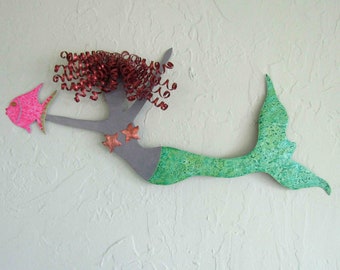 MERMAID METAL ART Red Head Recycled Metal Mermaid Wall Hanging Pink Green Beach House Coastal Decor 10 x 24 Ready to Ship