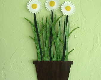 FLOWER ART Metal Wall Decor Painted Daisies Original Collectable Wall Sculpture  Flower Pot Kitchen Wall Art Custom Flowers  13 x 20