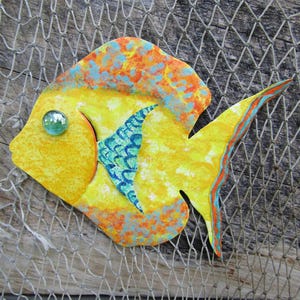 Metal art hand painted fish wall sculpture beach house coastal handmade fish decor yellow  sea life bathroom Art 7 x 7 READY to SHIP