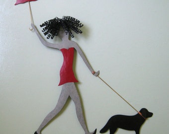 Metal wall art lady walking dog wall art - upcycled metal dog lover gift poodles dachshunds chihuahua black lab  24 x 21 Made to order
