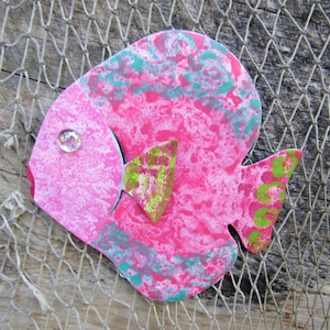 Metal fish art painted metal wall sculpture recycled metal beach house coastal bathroom art collectable pink turquoise 7 x 7 ready to ship