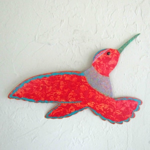 Hummingbird metal art wall or stake hummingbird sculpture upcycled metal indoor outdoor decor red bird art 8 x 15 Ready To Ship