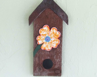 Metal Flower on Vintage Wood Wall Plaque Upcycled Folk Art Kitchen Wall Art 5 x 9 1/2 READY TO SHIP