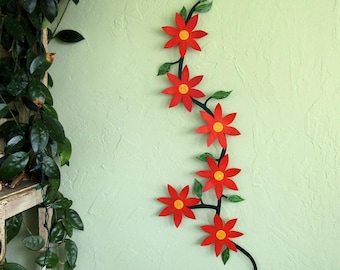 FLOWER ART Mom Gift Large Flower Vine Sculpture Climbing Trailing Orange Flowers Clematis Kitchen Wall Art Outdoor Upcycled Metal 22 x 42